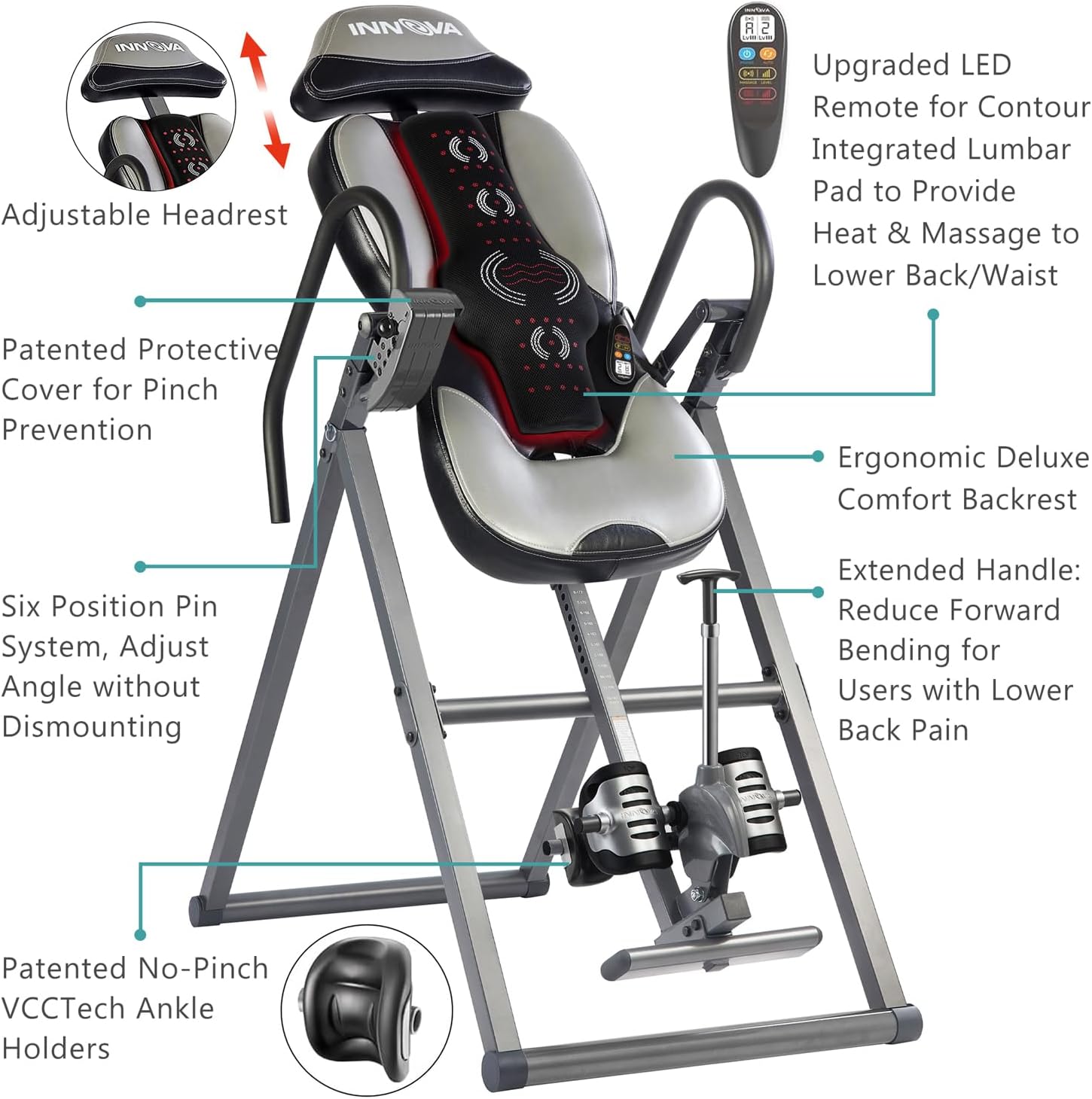 Innova Heat + Massage Inversion Table — New Patent Pending Advanced Vertical Massage Pad That