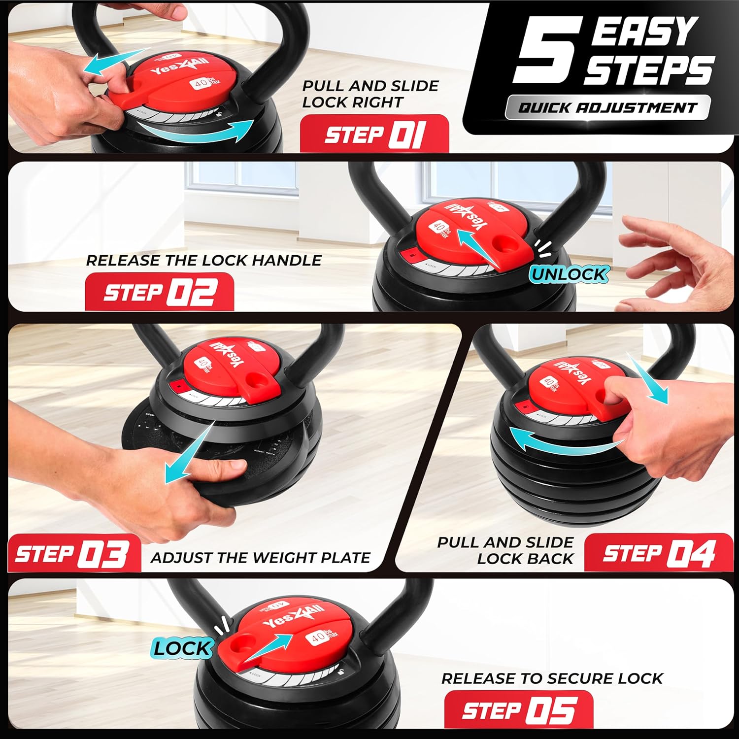 Yes4All Adjustable Kettlebell (20-40 lb) — Easy to Adjust | 7 Kettlebells in 1