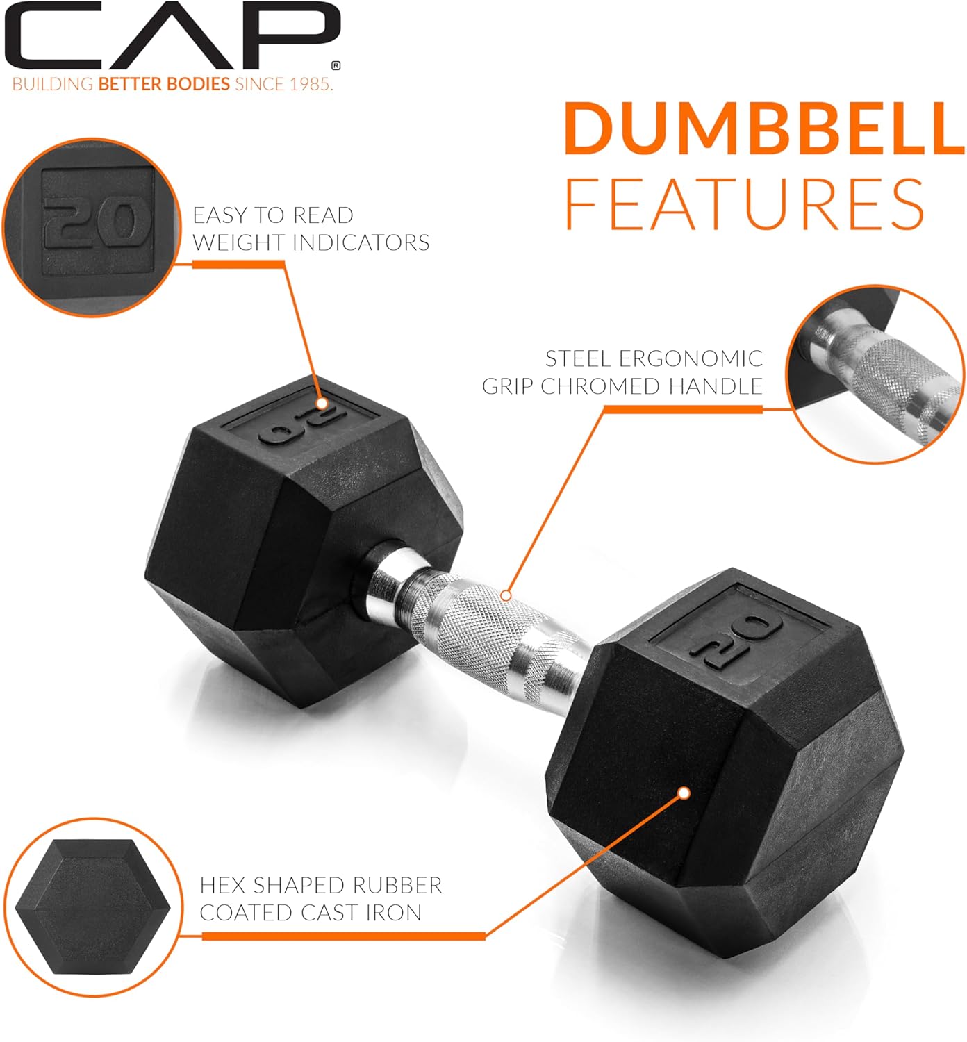 CAP Barbell Hex Dumbbell — Includes ONE 20 lb dumbbell; Each dumbbell is