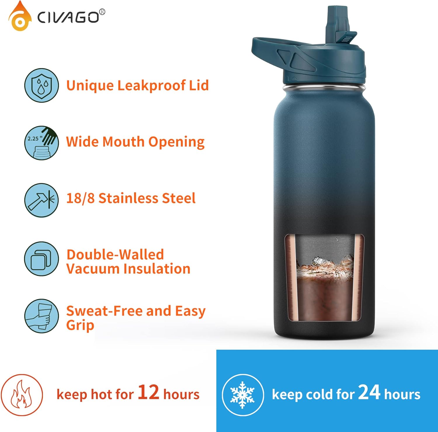 CIVAGO 32oz Insulated Water Bottle — Water Bottle with Straw and Leakproof Lids
