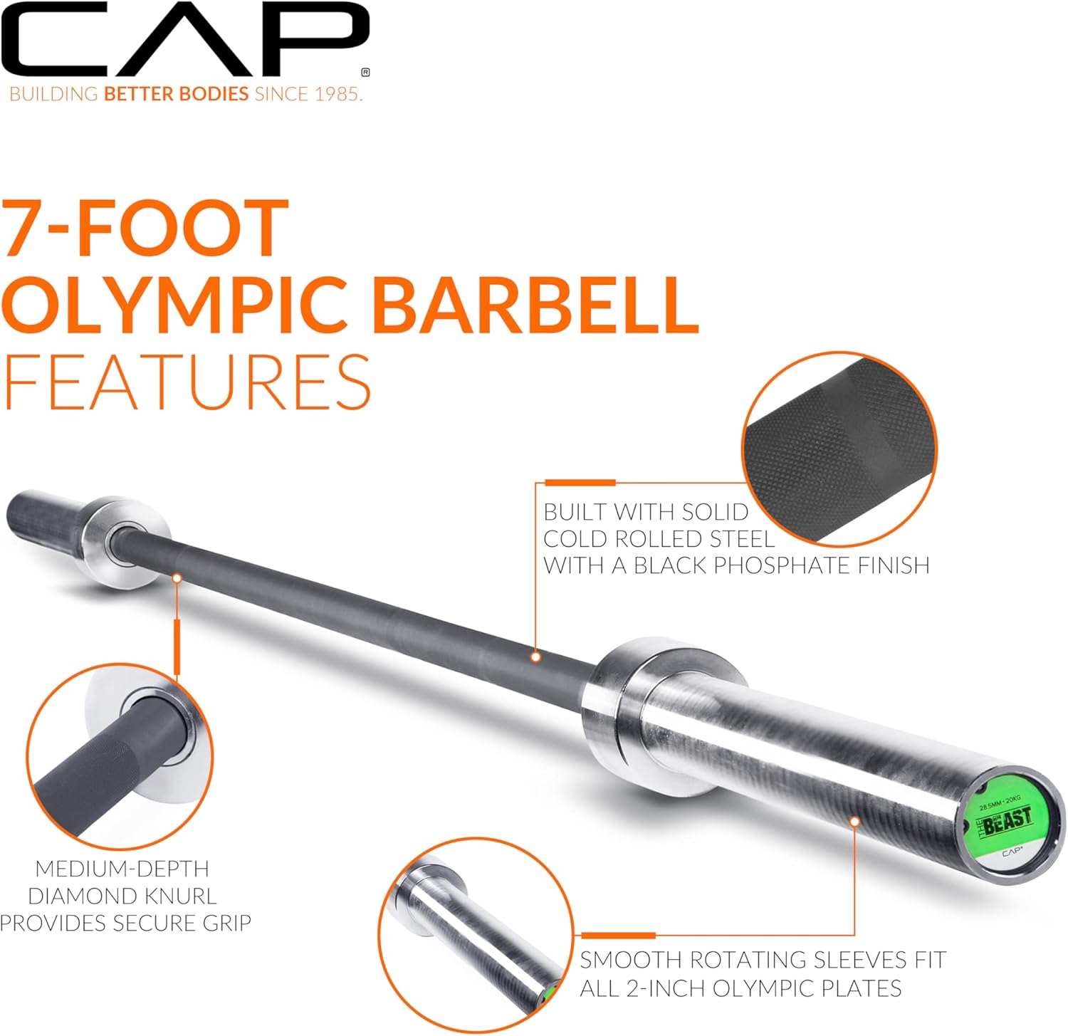 CAP Barbell 7ft Olympic Pro Series — Built from solid cold rolled steel with a