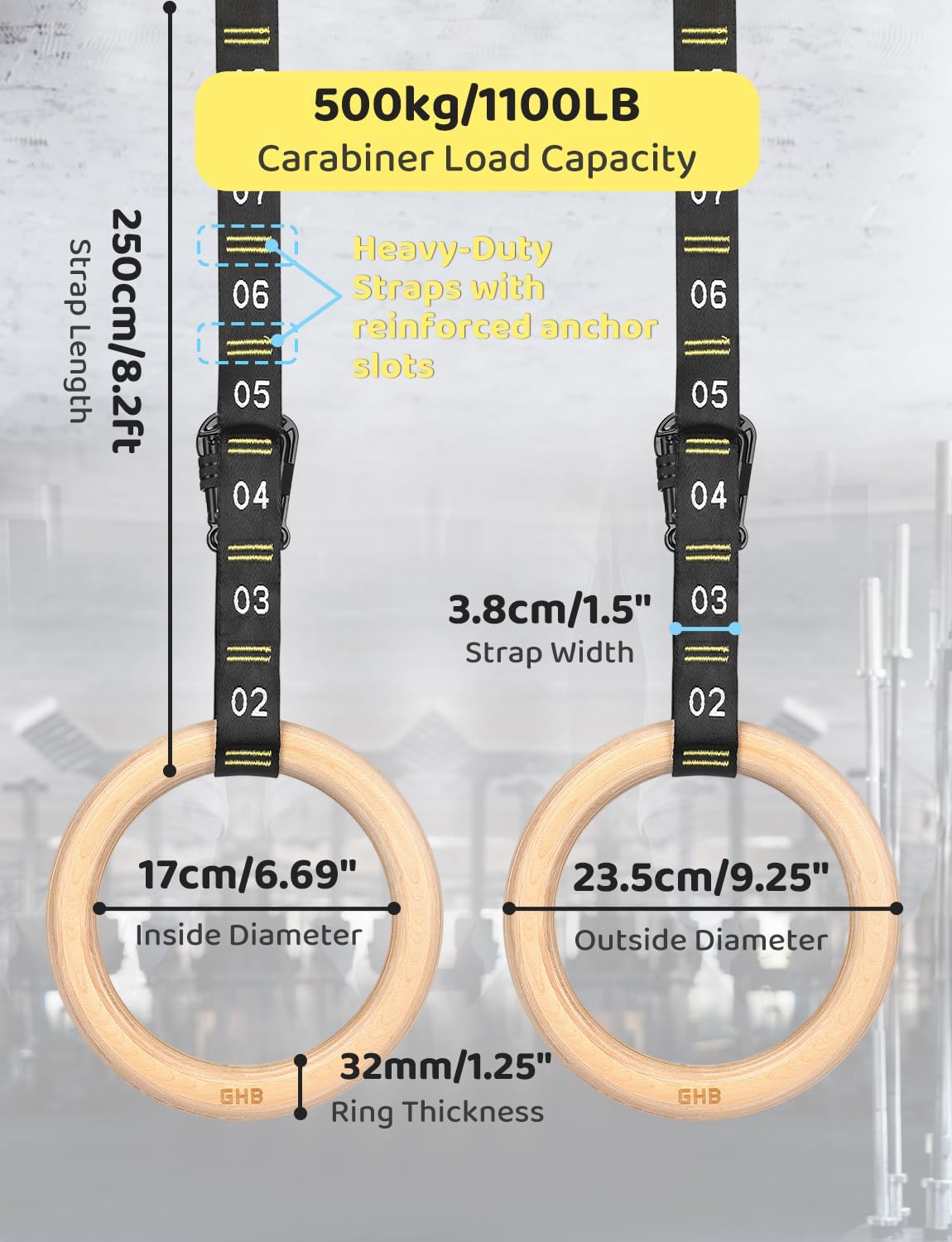 GHB Wooden Gymnastic Rings (1.25") — (Double layered Numbered Straps Gymnastic Rings) This exercise