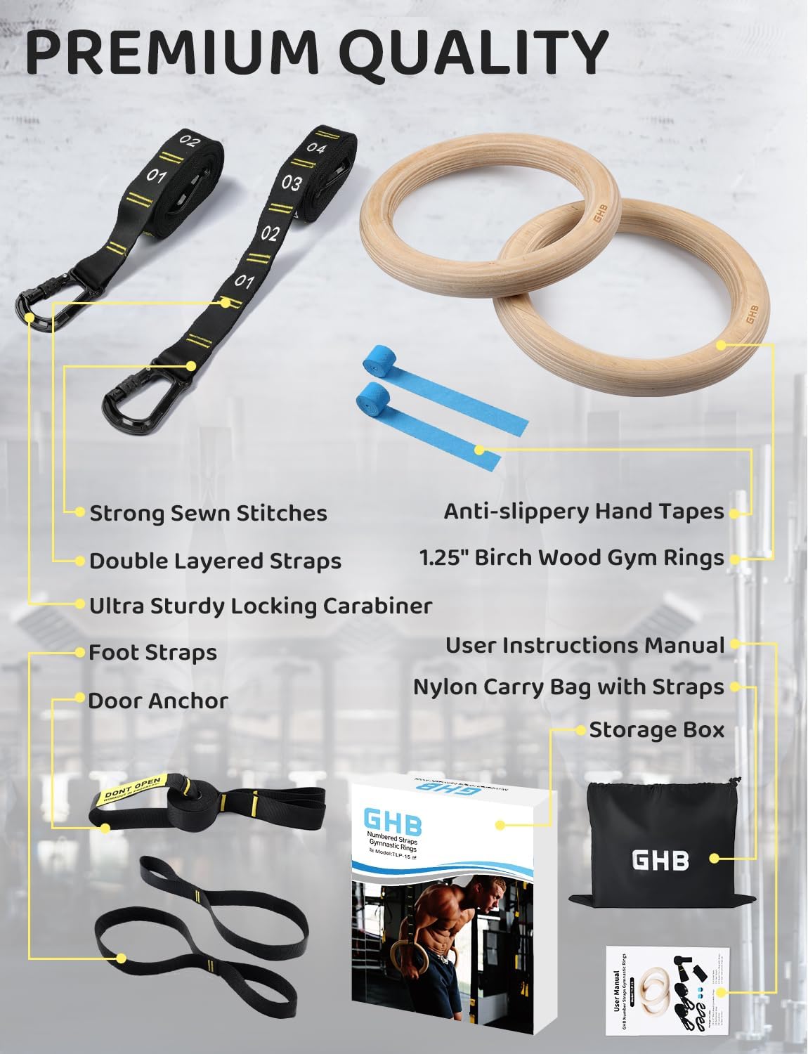 GHB Wooden Gymnastic Rings (1.25") — (Includes Door Anchor & Foot Straps More Workout