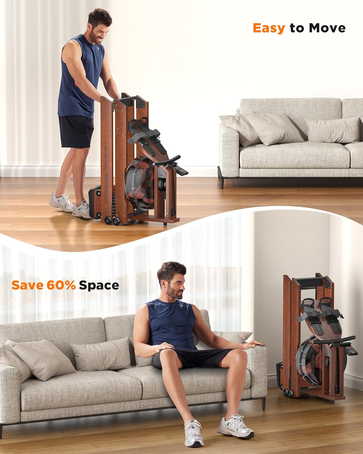 YOSUDA Water Rowing Machine — Upgraded Ergonomic Frame：Redesigned frame reduces strain and maximizes