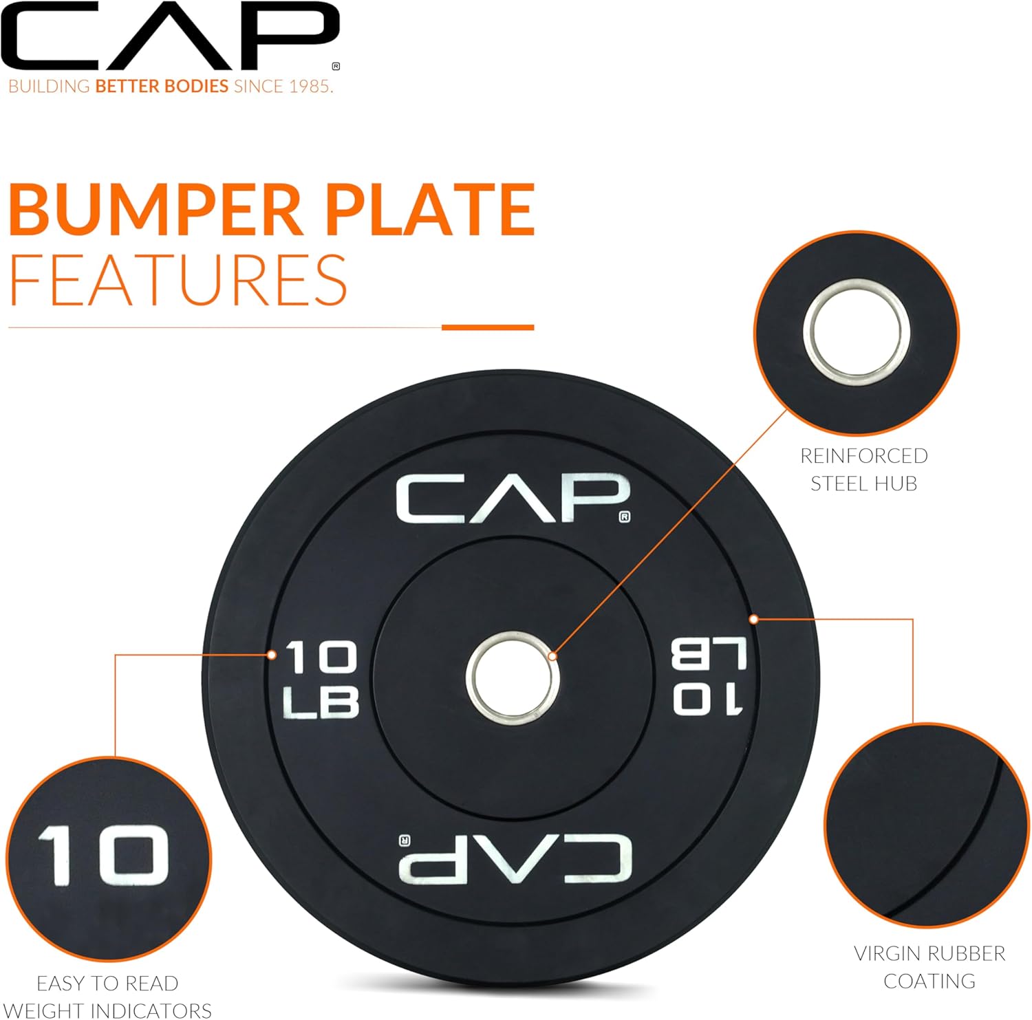 CAP Barbell Rubber Bumper Plates — Proprietary manufactoring method coated in virgin and recycled