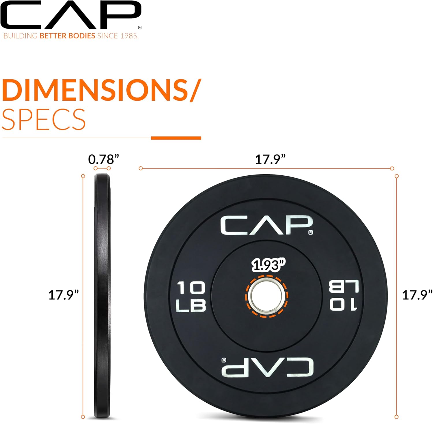 CAP Barbell Rubber Bumper Plates — CAP's Proprietary construction offers a balanced weight; Rubber