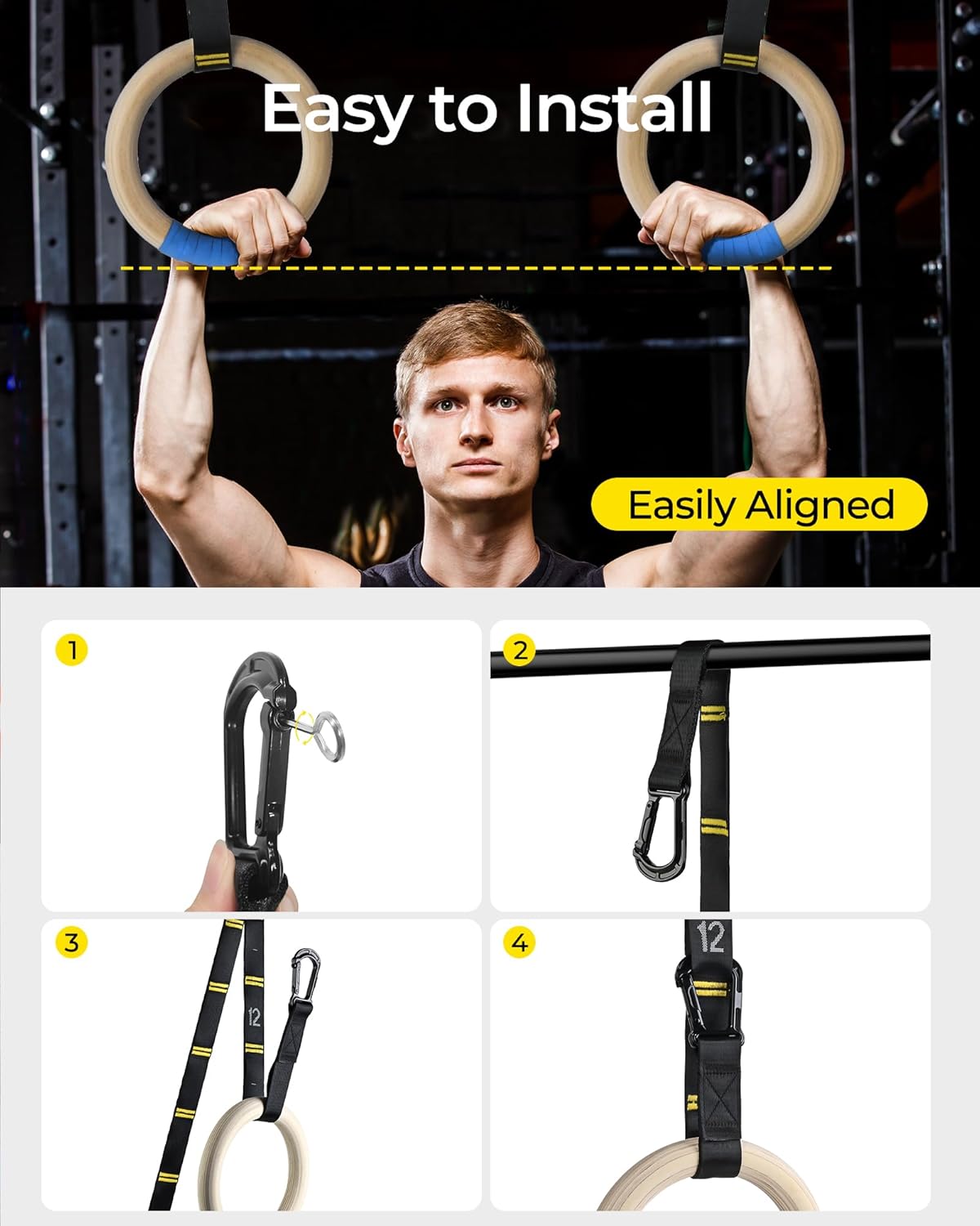 PACEARTH Wooden Gymnastic Rings (32mm) — Wider Numbered Straps