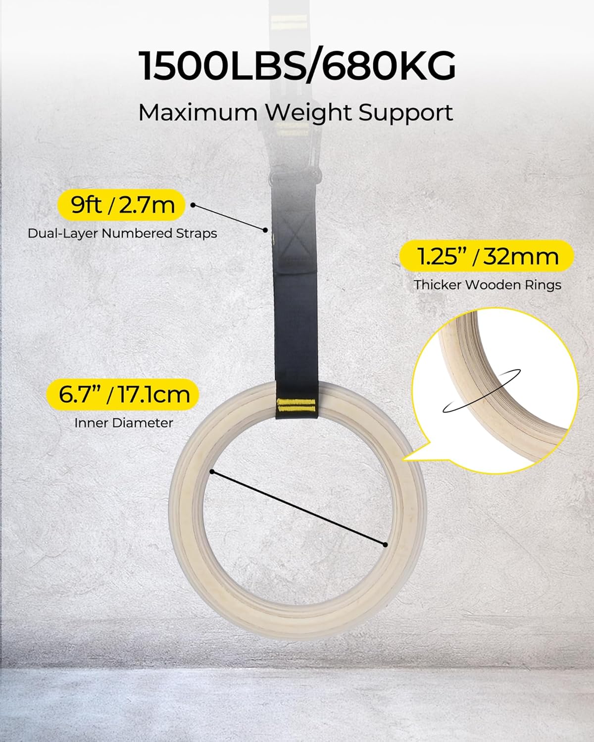 PACEARTH Wooden Gymnastic Rings (32mm) — Quick-Adjust Carabiners