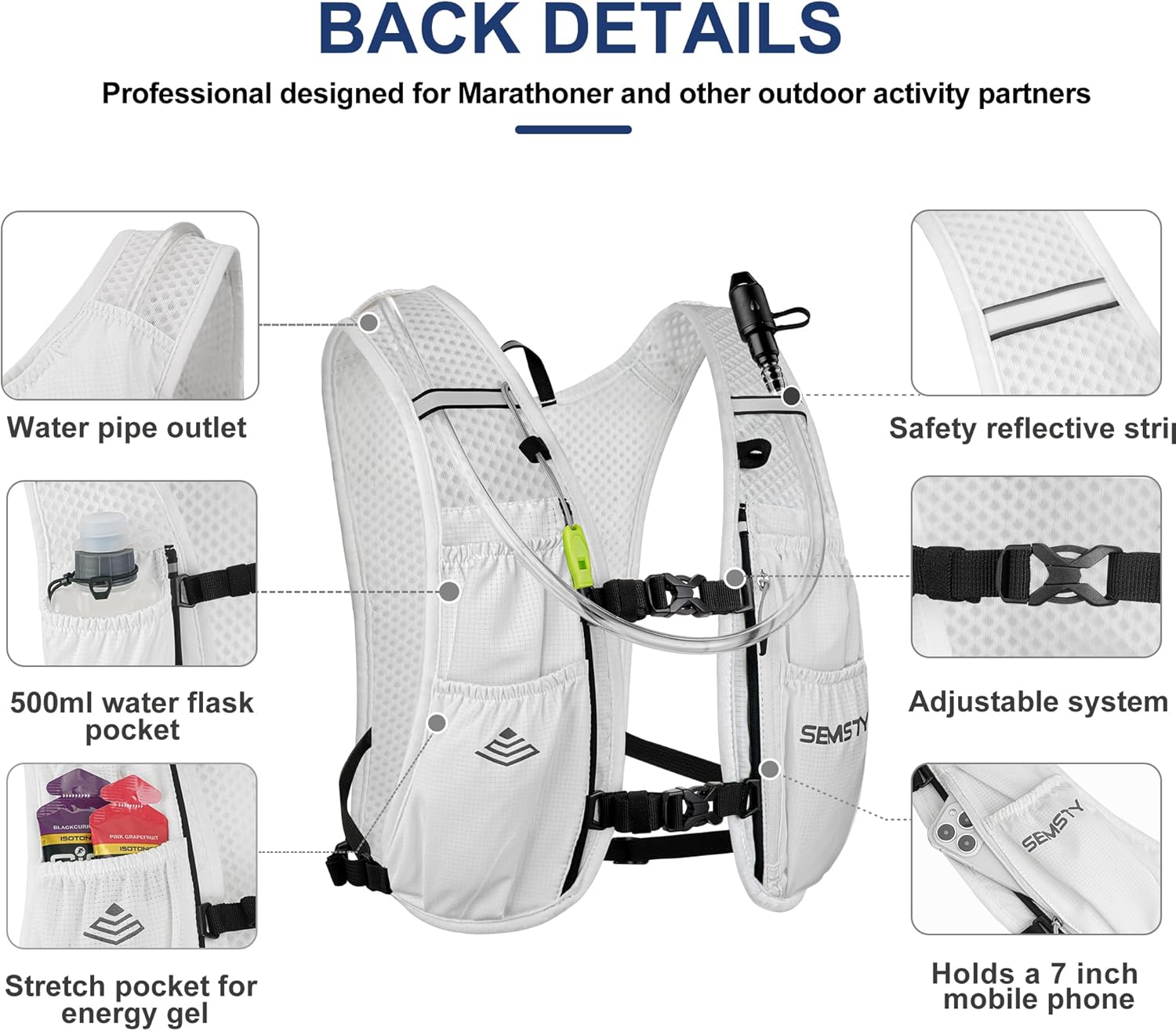 SEMSTY Running Hydration Vest (5L) — Ultra Lightweight Design：High-quality nylon material and ultra-lightweight design