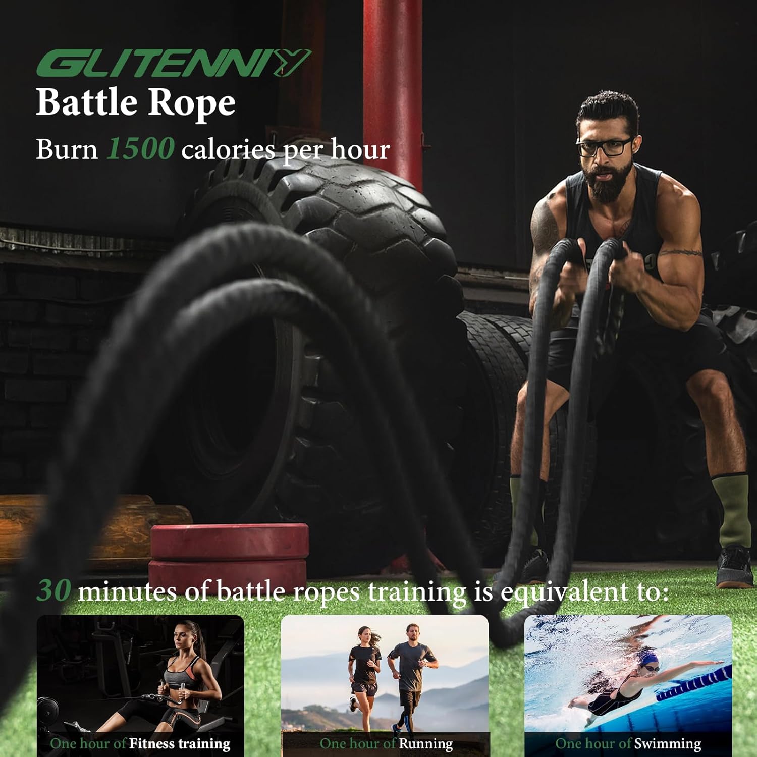 Glitenniy Battle Rope (30ft) — Gym Rope with Protective Sleeve