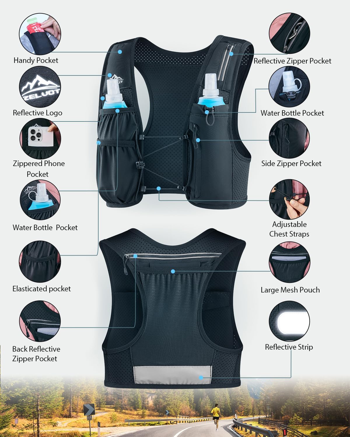 Zelvot Running Hydration Vest — Adjustable Chest Straps - Zelvot running backpack with