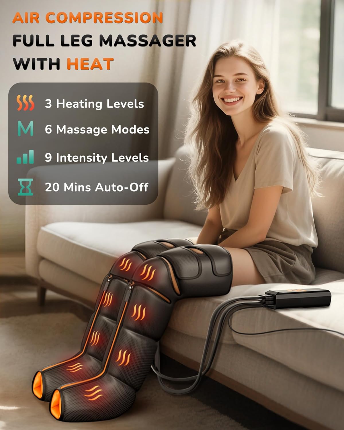 JZBRAIN Leg Massager (Heat + Compression) — Full Leg Air Compression Massager with Heat – Real Relief That Goes Deeper Than Massage Alone