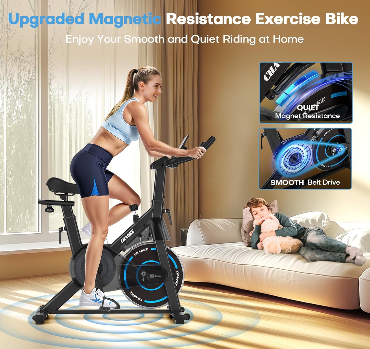 CHAOKE Magnetic Exercise Bike — Triangular, H-shaped base for stability under intense use