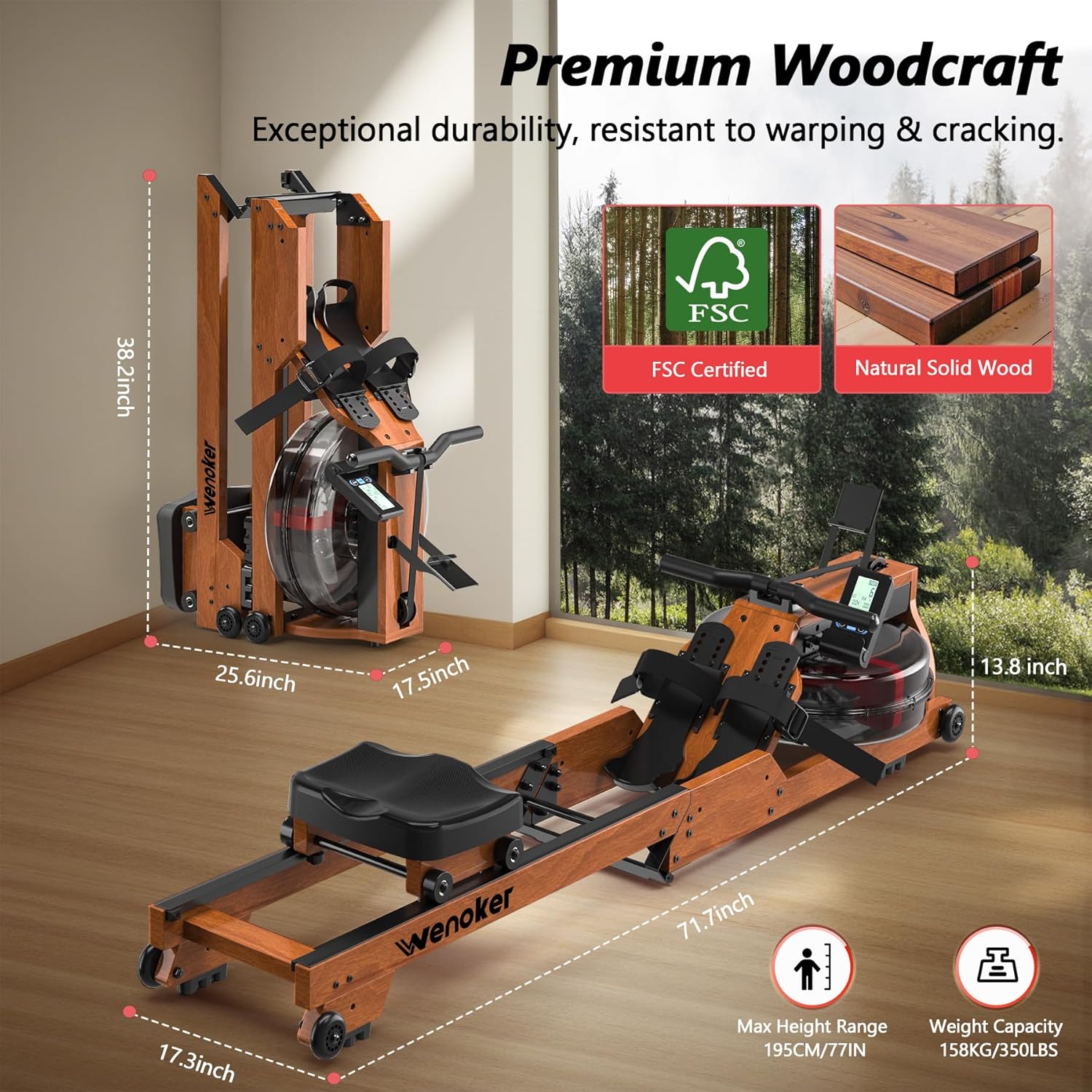 Wenoker Wooden Water Rower — Premium Solid Build