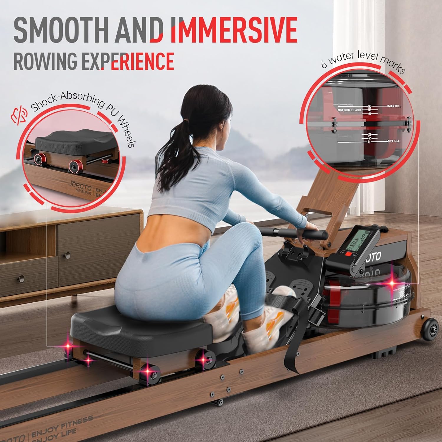 JOROTO Water Rowing Machine — Solid Wood Frame for Stable Support