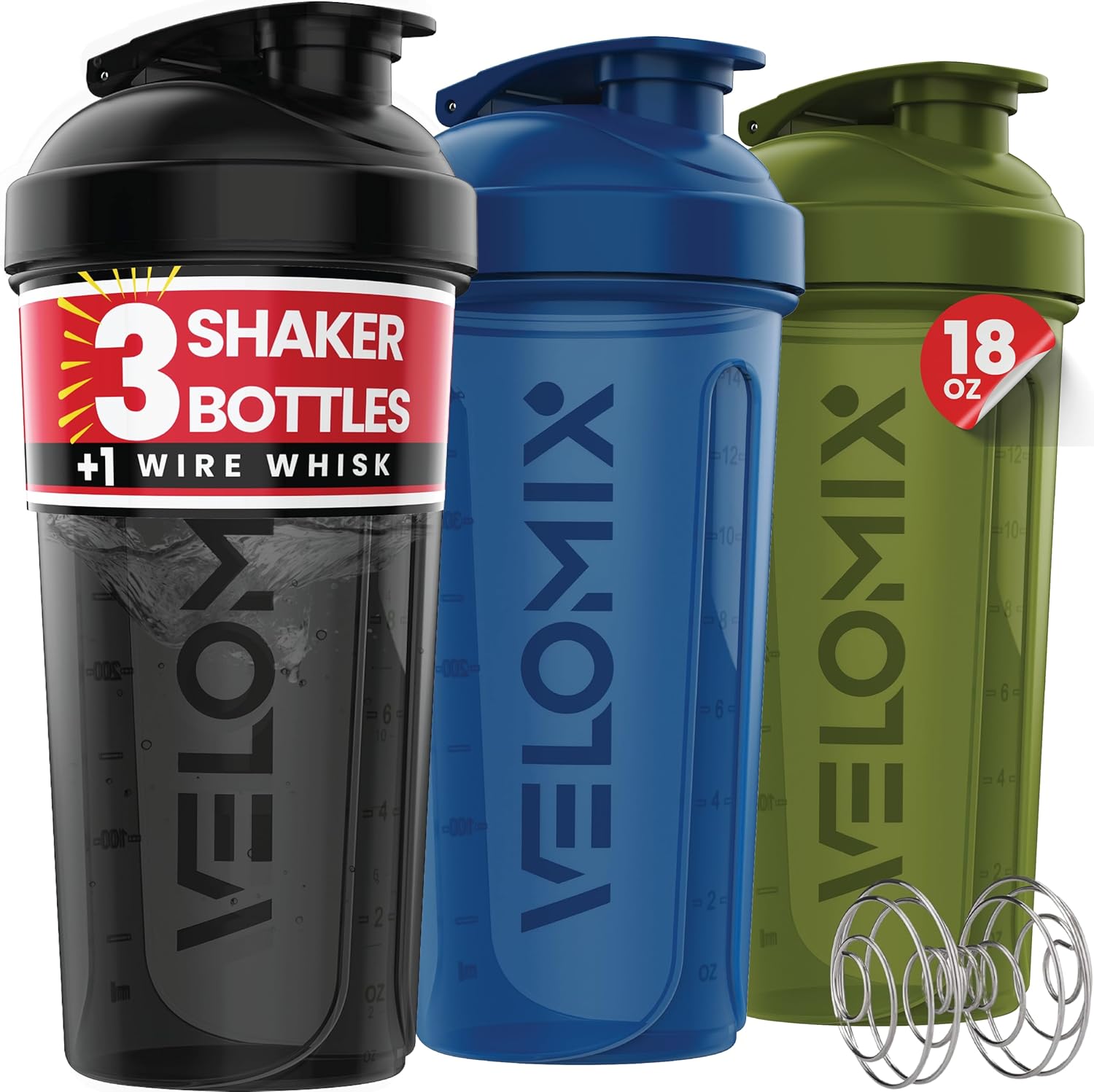 VELOMIX 18oz Shaker Bottles (3-Pack)