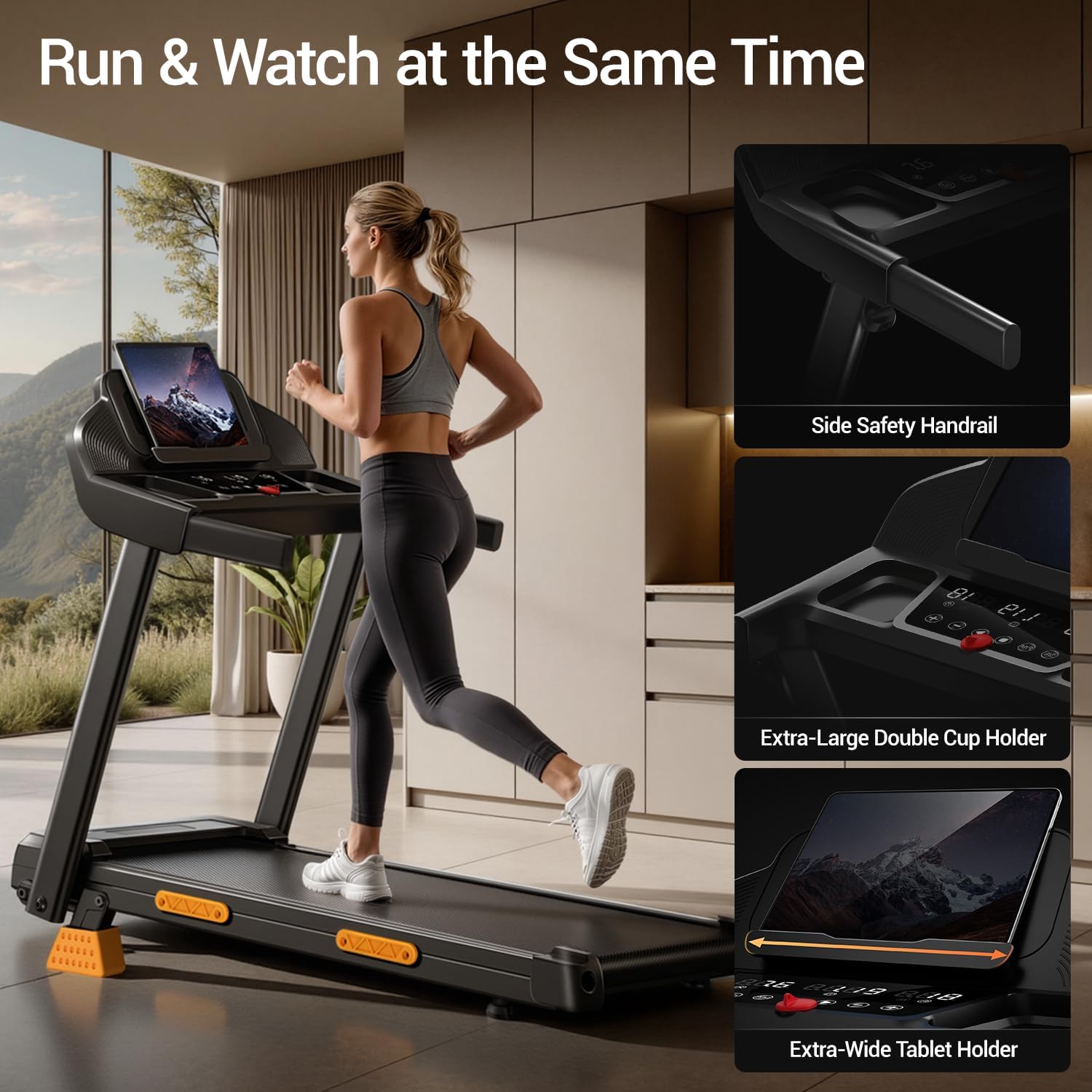 Cursor Fitness 3-in-1 Treadmill — Folding Treadmill with Handrails & Wide Tablet Holder